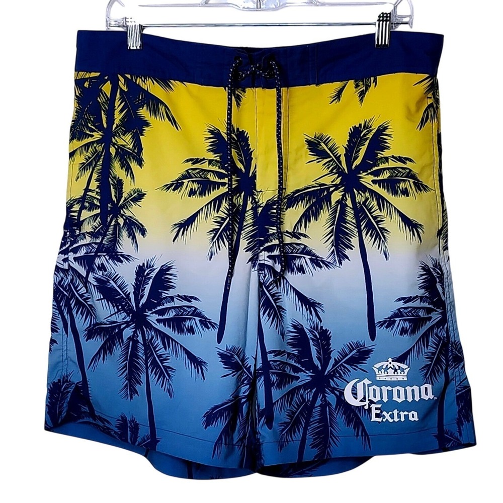 Corona‎ Extra Mens Board Shorts Yellow Blue Ombre Palm Tree Swim Trunks Large